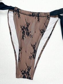 黑色花卉蕾丝网纱串珠细肩带系带三角杯两件式比基尼套装，性感优雅复古夏季沙滩泳池派对休闲泳装（女士款） - 棕色 - 查看 5