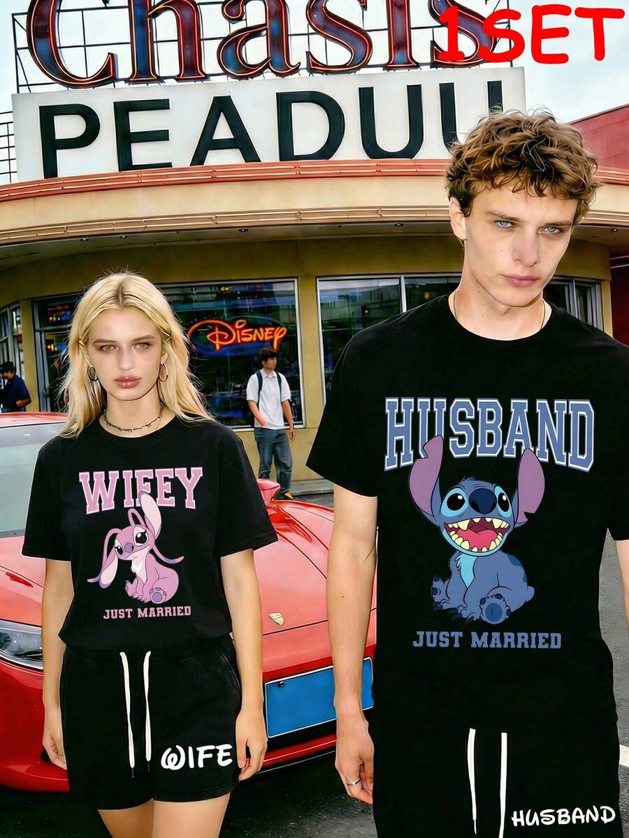 [1 Set] Couple's Pullover Short-Sleeved T-Shirt And Drawstring Shorts Two-Piece Set, Decorated With Disney Lilo & Stitch Patterns And "Wife/Husband" Prints. Breathable And Comfortable Summer Couple's Casual Set, The Perfect Gift For Men/Women. - Trang phục nữ (áo phông + quần short) - Xem 1