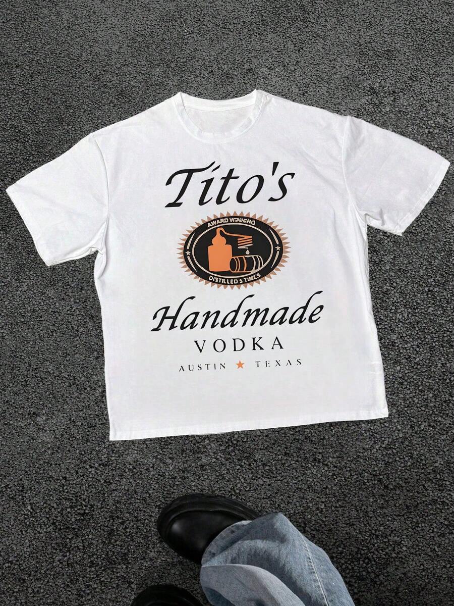 Men's Tito's Vodka AwardWinning Graphic Print T Shirt Austin Texas 100% Cotton Tee Distilled & Times Handmade Style Casual Short Sleeve T Shirt - 白色 - 查看 1