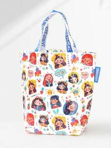 1 pieza Bolsa de compras portátil de gran capacidad, bolsa de tela impermeable con diseño de dibujos animados y ligera, bolsa de compras reutilizable de plástico con asa - Blanco - Ver 3
