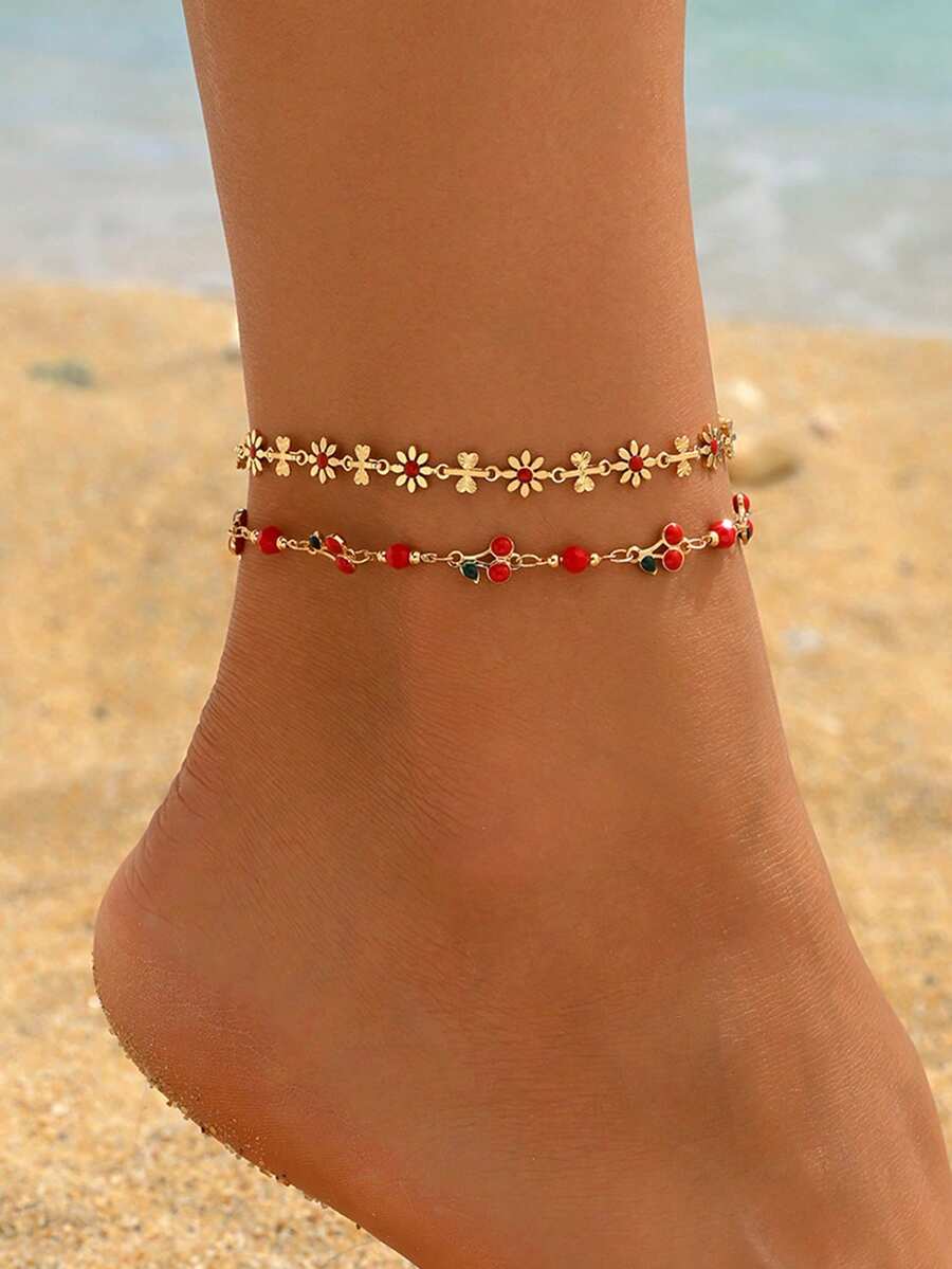 2pcs/Set Cute Enamel Cherry Anklet, Handmade Floral Foot Jewelry For Women, Suitable For Daily Wear, Beach, Date, Party - Multicolor - View 1