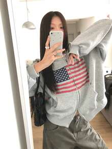 休闲宽松拉链卫衣外套，复古美式街头风春季款 - 灰色 - 查看 10