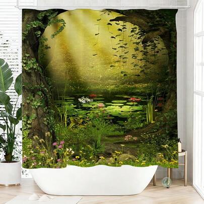1pc Magic Forest Shower Curtain, Made Of Polyester, Waterproof, Non-Blackout, Suitable For Home And Bathroom Decor, Comes With 12 Hooks