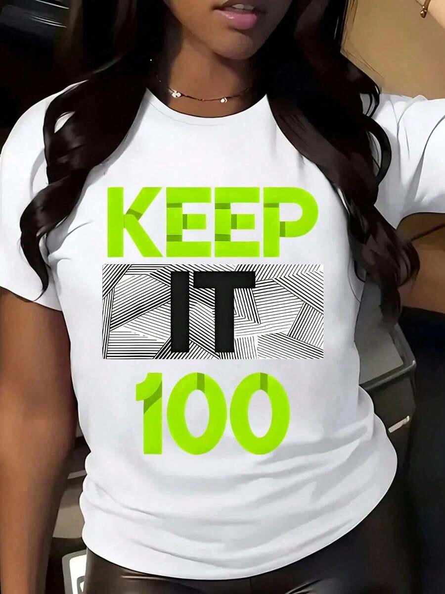 Women's Keep It 100 Graphic T-Shirt - Neon Green Text With Bold Design - Casual Crewneck Tee For Everyday Wear - 白色 - 查看 1