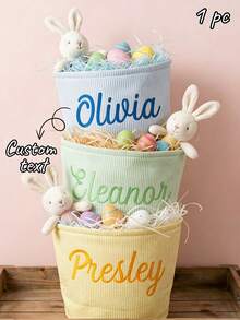 1PC Personalized Seersucker Easter Basket, Embroidered Bunny Design Bag - Multicolor - View 2
