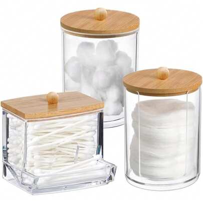 Swab Holder Canisters With Lid, Bathroom Qtip Dispenser Apothecary Jars, Clear Plastic Ball Pad Container For Cotton Swabs, Q-Tips, Make Up Pads, Cosmetics