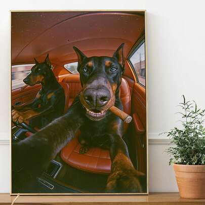 1幅复古杜宾犬艺术海报 - 竖版无框油画布墙面装饰画，波西米亚/古典/装饰艺术风格水墨画，适合卧室、客厅、男士专属空间、宠物房等装饰 - 酷炫杜宾犬汽车或站立造型 - 四季皆宜的爱狗人士礼物，复古风格