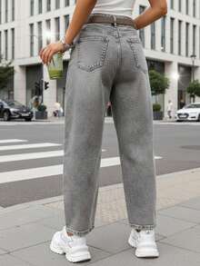 Women's High-Waisted Wide-Leg Jeans, Long Jeans With Five Zippered Pockets, Tapered Legs, Rounded Lines, Cotton-Spandex Blend Denim Fabric, Loose Fit At The Hips, Casual Street Style Trousers, Unique Cut. - Grey - View 4