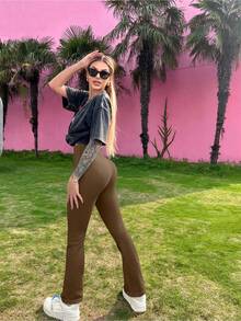 OQQ Women's 1 Piece Yoga Pants Ribbed Seamless Workout High Waist Bell Bottoms Flare Leggings - 咖色 - 查看 3