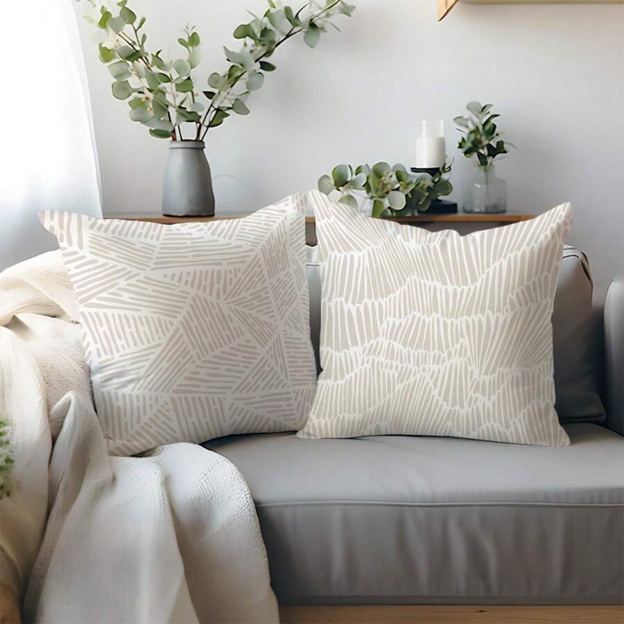 Bộ 2 vỏ gối in họa tiết hình học màu be, kích thước 17.7*17.7in (45*45cm), in một mặt, làm từ polyester, họa tiết lượn sóng trừu tượng, thích hợp trang trí ghế sofa, phòng khách, phòng ngủ, xe hơi, văn phòng, khách sạn, Airbnb, là món quà hoàn hảo cho gia đình và bạn bè. - Nhiều màu - Xem 1