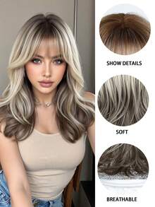 Peruca Ombré Marrom, Comprimento Médio, Franja Reta, 20 Polegadas, Onda Natural, Adequada para Mulheres, Fibra Sintética Resistente ao Calor, Adequada para Festivais, Viagens, Festas, Cosplay, Uso Diário, Presente de Férias para Meninas - Ombre marrom - Visão 8