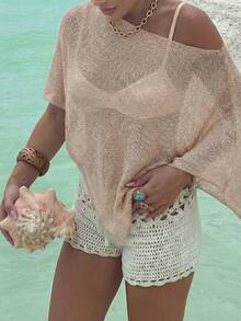 FOR BEAUTY Women's Summer New Knit Top, Casual Style, Apricot Solid Color Loose Off-Shoulder Cover-Up, Bohemian Style, Suitable For Beach And Vacation - Warm Apricot - View 3