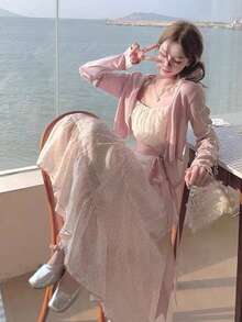 [Y6Y] Women's Pink Polka Dot Spaghetti Strap Dress, Crisscross Back Design With Flared Hem, Gentle Vibe For Beach Vacation Summer - Pink - View 6