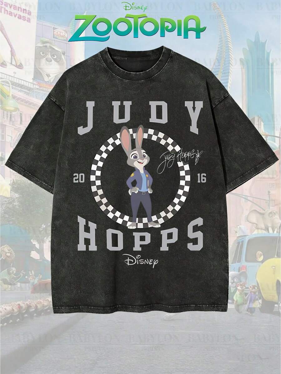 Disney Official Licensed Zootopia Judy Hopps 2016 Varsity Print Vintage Wash 230g Cotton Crew Neck Unisex Tee - màu đen - Xem 1
