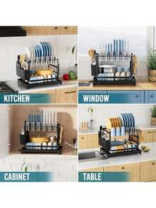 双层厨房碗碟晾干架，带沥水板，金属材质，节省空间，带餐具和杯架 - 查看 7