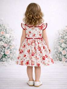 Girl's Dress With Delicate Floral Print, Classic Peter Pan Collar, Ruffles, Short Sleeves, Elegant Pom-Poms, Full Skirt, Comfortable Soft Cotton, Premium Fabric, Party, Birthday, Christening, Special Events, Charming Look, Children's Fashion, Princess Style, Casual Chic, Spring/Summer, Girls' Clothes, Comfort, Sweet, Blogger Look, Photography, Outing, Perfect Gift, Charming, Stylish, Floral Print - 紅色 - 查看 7