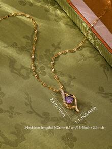 1pc Gold & Purple Stainless Steel Necklace, Material, Harmless To Body, Eternal Classic Element, High-Quality Minimalist Style, Suitable For Daily Wear - Gold - View 3