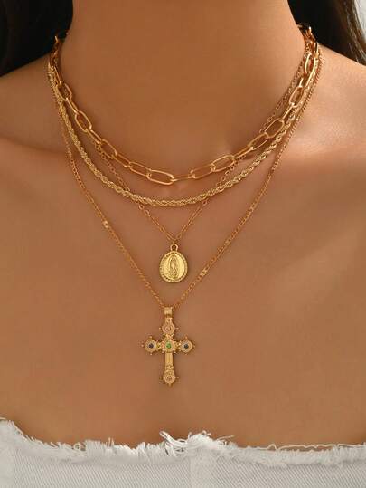 4件套时尚复古圣母玛利亚十字架吊坠项链，多层金属链首饰套装，适合日常佩戴、旅行和约会。链长可定制。
