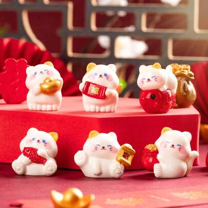 Chinese Style Auspicious Meaning Figurine, Holiday Decor Miniature Maneki-Neko Wishing Wealth And Prosperity For Chinese New Year, Creative Cute Lucky Cat Micro Landscape Resin Crafts, Car Decor Home Decoration