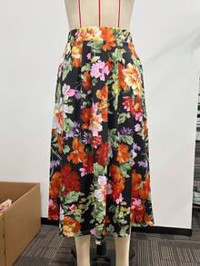 Spring/Summer New Retro Vibrant Floral Pattern Flared Skirt, Elegant Afternoon Tea Garden Or Urban Date Outfit, Flattering & Versatile Women's Skirt Vacation - Black - View 4
