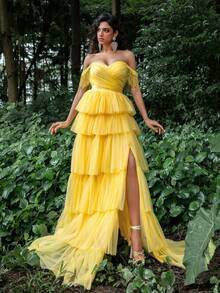 Faeriesty Đầm dạ hội trễ vai, thiết kế buộc dây sau lưng và xẻ tà cao, trang trí tua rua cầu kỳ ở vai, đầm chữ A xếp tầng, eo đính trang sức, thích hợp cho các dịp trang trọng, dạ hội, thảm đỏ, đám cưới thắt cà vạt đen, tiệc sang trọng mùa xuân. - Màu vàng - Xem 6