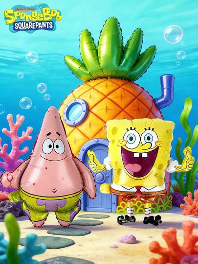 Nickelodeon 一套2件海绵宝宝官方授权气球套装，海绵宝宝方形裤子和可爱卡通风格派对装饰拍照背景庆祝用品家居房间装饰收藏品惊喜生日派对节日礼物送给朋友粉丝和收藏家