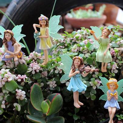 5pcs Butterfly Fairy Resin Ornament - Standing Fairy Figurines With Flower Pot Decor, Outdoor/Indoor Garden Fairies Suitable For Valentine' Day Decorations, Resin Fairies For Garden & Terrarium Decorations