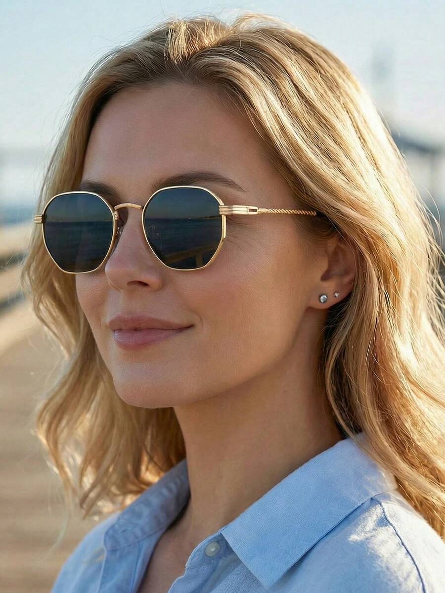 一副男女皆宜的简约时尚复古多边形金属眼镜，适合假日街拍和日常佩戴。 - 彩色 - 查看 1