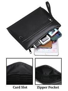 时尚男士手提包，黑色纹理手拿包，带拉链口袋，安全旅行手机钱包卡片现金收纳包，时尚商务男士公文包，2026 男士配饰，情人节礼物，送给男士/男友/丈夫 - 黑色 - 查看 6