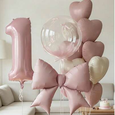 15件粉色生日派对装饰套装，包括40英寸粉色数字0-9铝箔气球、18英寸透明泡泡气球、哑光粉色蝴蝶结气球和18英寸粉色和奶油色心形气球，适用于生日派对、迎婴派对、公主生日、情人节、周年纪念日、房间装饰、女孩生日派对装饰。
