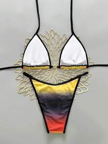2 piezas Traje de baño elegante y sexy con bloqueo de color degradado y espalda descubierta con cordones, adecuado para vacaciones en la playa en verano - Colores degradados - Ver 5