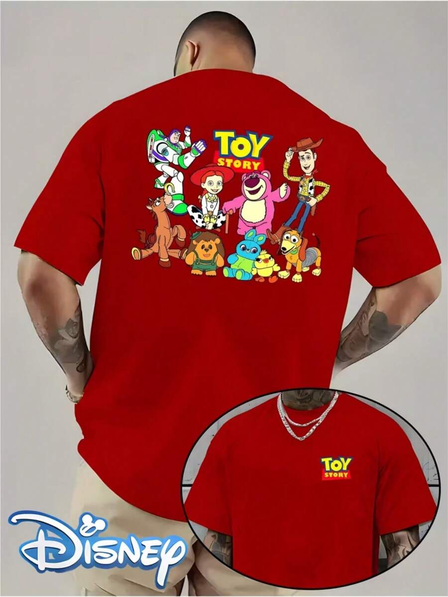 Disney Authorized-"Toy Story" Cartoon Series Short-Sleeved T-Shirt With Round Neck In Summer For Men And Women. The Bottoming Shirt For Men And Women Is Used For Daily Tongle T-Shirt And Men's Casual Wear Birthday Gift. The Regular Version Is Suitable For Attending Parties, Which Is Cool And Breathable. - Red - View 1
