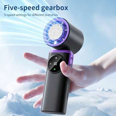 K817 High-Speed 5-Gear Handheld Ice Pack Fan, Powerful Airflow - 7 Blades, 5 Wind Speed Levels - Meets Different Cooling Needs, Long-Lasting - Equipped With 2 X 3000mAh High-Capacity Batteries, Compact & Portable - Mini Size, Smart Display - Digital Display Screen, Multi-Function - Handheld, Desktop, Neck Hanging