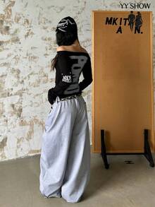 Curved Silhouette Jersey Pants For Men And Women. High-Quality Street Style, Loose Fit, Wide Leg, Unisex, Thick Sweatpants For Fall And Winter. - 灰色 - 查看 7