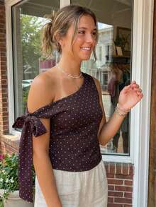 Women Tank Tops Off One Shoulder Sleeveless Dot Print Ruched Summer Crop Going Out Vest - Brown - View 2