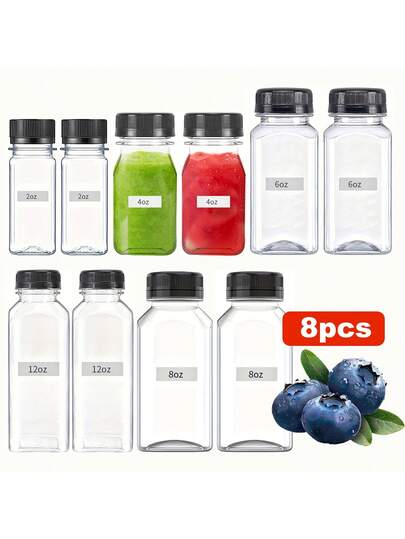 8 Pcs Mini Plastic Juice Bottle With Caps - Reusable Juicing Bottles, Clear Drink Containers With Lids For Juicing, Smoothie And Other Beverages -Travel Essentials - Wide Mouth, Leakproof, Dishwasher