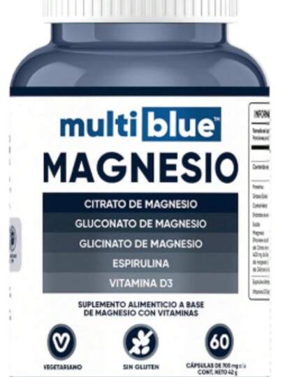 MULTIBLUE Magnesio Triple - 60 capsulas | Magnesio Complex con Citrato de Magnesio, Gluconato y Glicinato de Magnesio | Magnesio Glicinato con Espirulina y Vitamina D3 | Capsulas de 700mg Sin Gluten