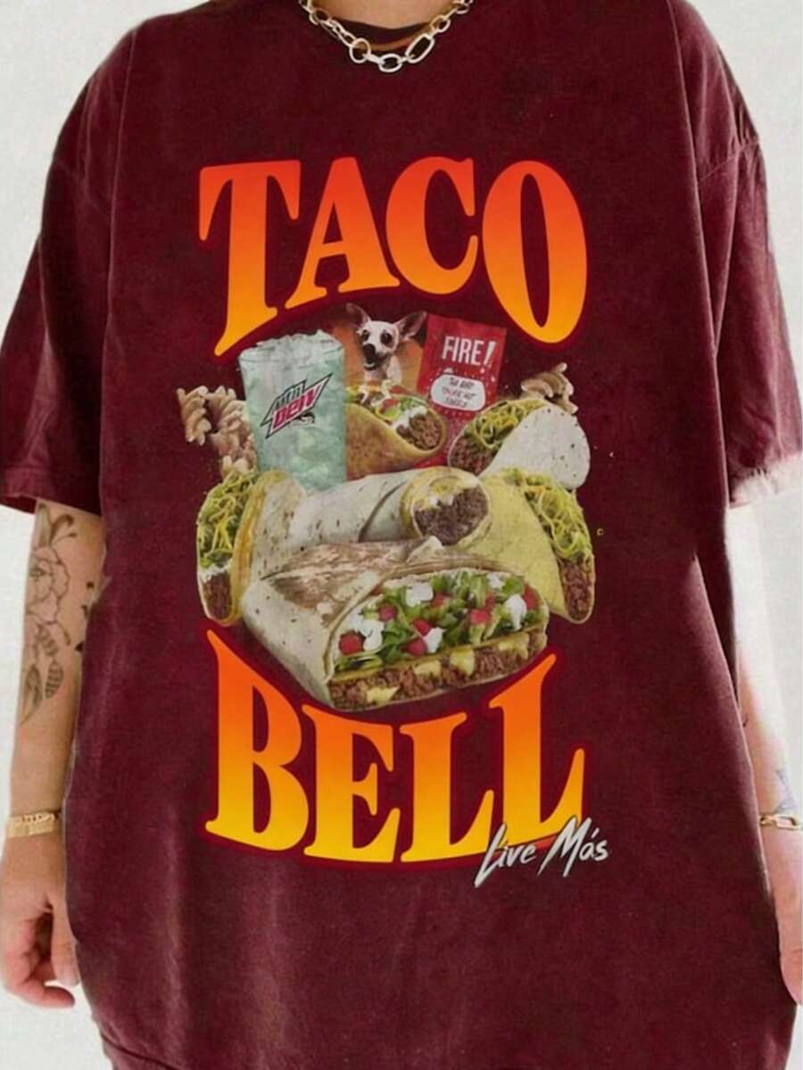 Taco Bell 90s Bootleg Tee For Women, Man, Taco Bell Hoodie, Taco Bell 90's Bootleg T-Shirt, Unisex Sweatshirt, Menswear, Womenswear - 酒紅色 - 查看 1