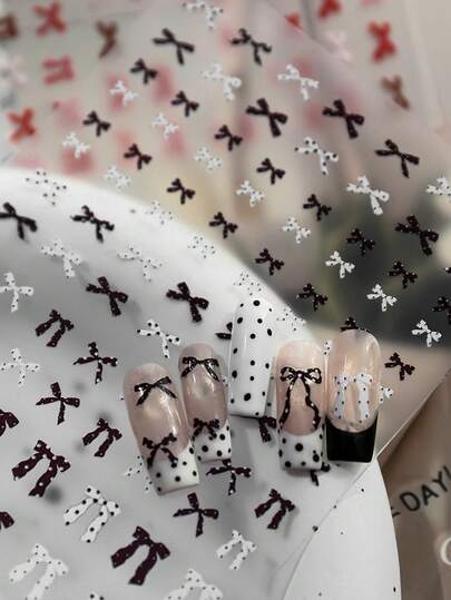 Hình dán móng tay chấm bi nơ, 1 miếng dán móng tay tự dính 5D nổi Dopamine - Dụng cụ và phụ kiện làm móng cho bé gái và phụ nữ - Móng tay mùa xuân hè Giáng sinh cho nghệ thuật làm móng tại nhà và salon.