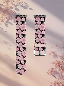 1条黑色底灰色叶子粉色花朵图案的柔软弹性透气替换腕带，适用于 38mm 40mm 41mm 45mm 44mm 42mm 49mm，时尚休闲多色硅胶表带，兼容 Ultra系列S11/S10/SE/9/8/7/6/5/4/3/2/1智能手表配件 - 彩色 - 查看 8