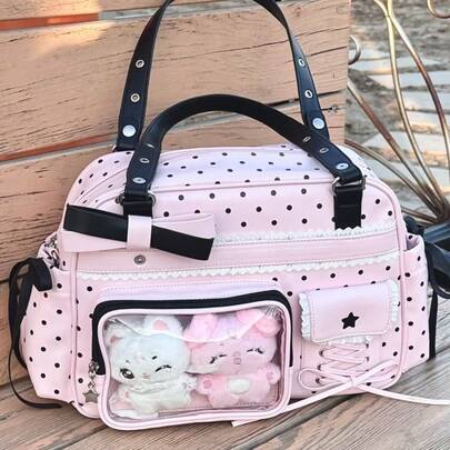 New Japan-Inspired Spring-Colored Cute & Sweet Polka Dot Large Capacity Transparent Badge Plush Backpack, Women's College Style Five-Pointed Star Bow Shoulder Crossbody Bag, Suitable For Parties, Conventions, Gifts For Friends, Holidays