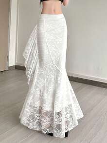 顶级炫彩女士性感派对长款美人鱼裙，撞色蕾丝细节，涤纶面料，略带弹性，适合度假旅行 - 白色 - 查看 4