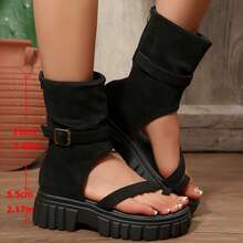 Women's Fashion Thick Sole Peep Toe Round Toe Hollow Buckle High-Top Sandals With Back Zipper - Black - View 8