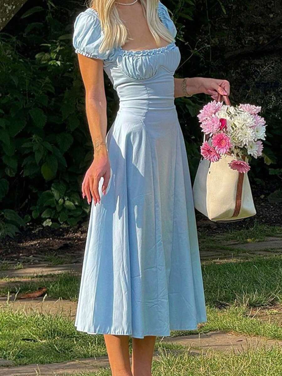 Đầm ren xếp ly/rủ bèo nhún màu trơn thanh lịch và gợi cảm, thích hợp cho kỳ nghỉ hè ở bãi biển. - Màu xanh nhạt - Xem 1