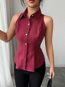Front Button Ribbed Button Vacation & Commute Sleeveless Striped Shirt, Burgundy Waist Fitted Blouse, Sexy Commuter Summer - Burgundy - View 4