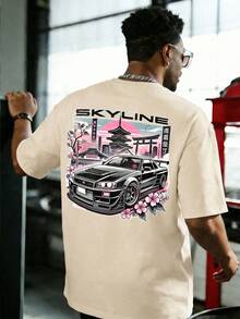 Fractyr 男士时尚印花宽松短袖T恤 | 精致设计 | 赛车与樱花印花 | 夏季必备 | 易于搭配，展现您的风格 - 杏色 - 查看 5