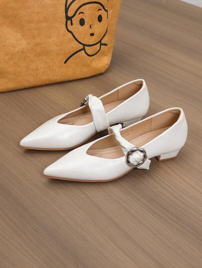 Women's Fashion Buckle Round Ring Decor High Heel Pumps, Outdoor Chunky Heel Soft Bottom Pointed Toe Slip-On Comfortable Low Heel French Style Office Shoes