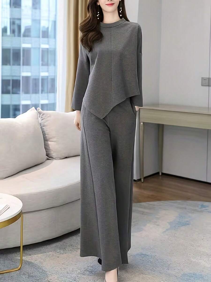 2026 Spring New Minimalist Asymmetrical Two-Piece Set – Flowy Waist-Cinching Top + Wide-Leg Trousers, Elegant Modern Luxury Women's Suit - Xám - Xem 1
