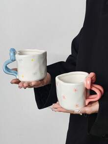 1pc Handmade Asymmetrical Ceramic Mug, Coffee Cup, Unique Butterfly Handle, Afternoon Tea Cup, Heart-Shaped Water Cup, Reusable, Hand Wash Only, Valentine's Day Gift - Multicolor - View 5