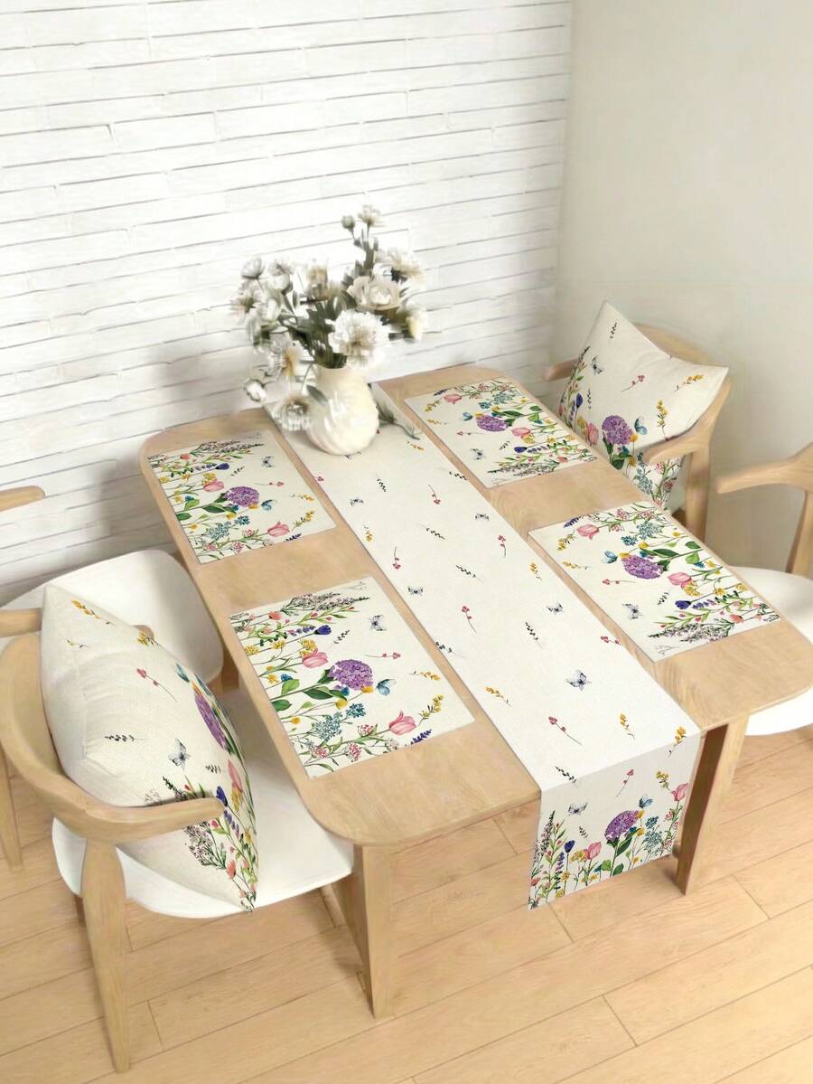 1/4/5/6/7件套春夏花卉装饰套装,精美花卉设计,适用于客厅、卧室、餐厅等场所,仿亚麻材质,多种尺寸可选,包含餐桌装饰、壁炉架装饰巾、餐垫、杯垫等,家居装饰 - 彩色 - 查看 1